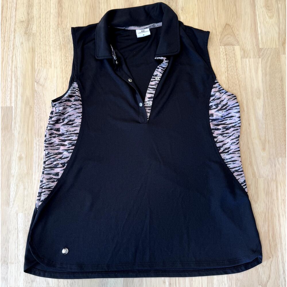 Daily Sports Sleeveless‎ Black Tank, animal detail, 1/4 Zip, Womens M
